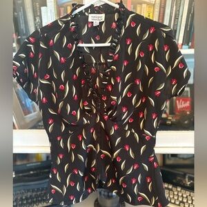 Unique Vintage brand Black Blouse with Red Tulip Design